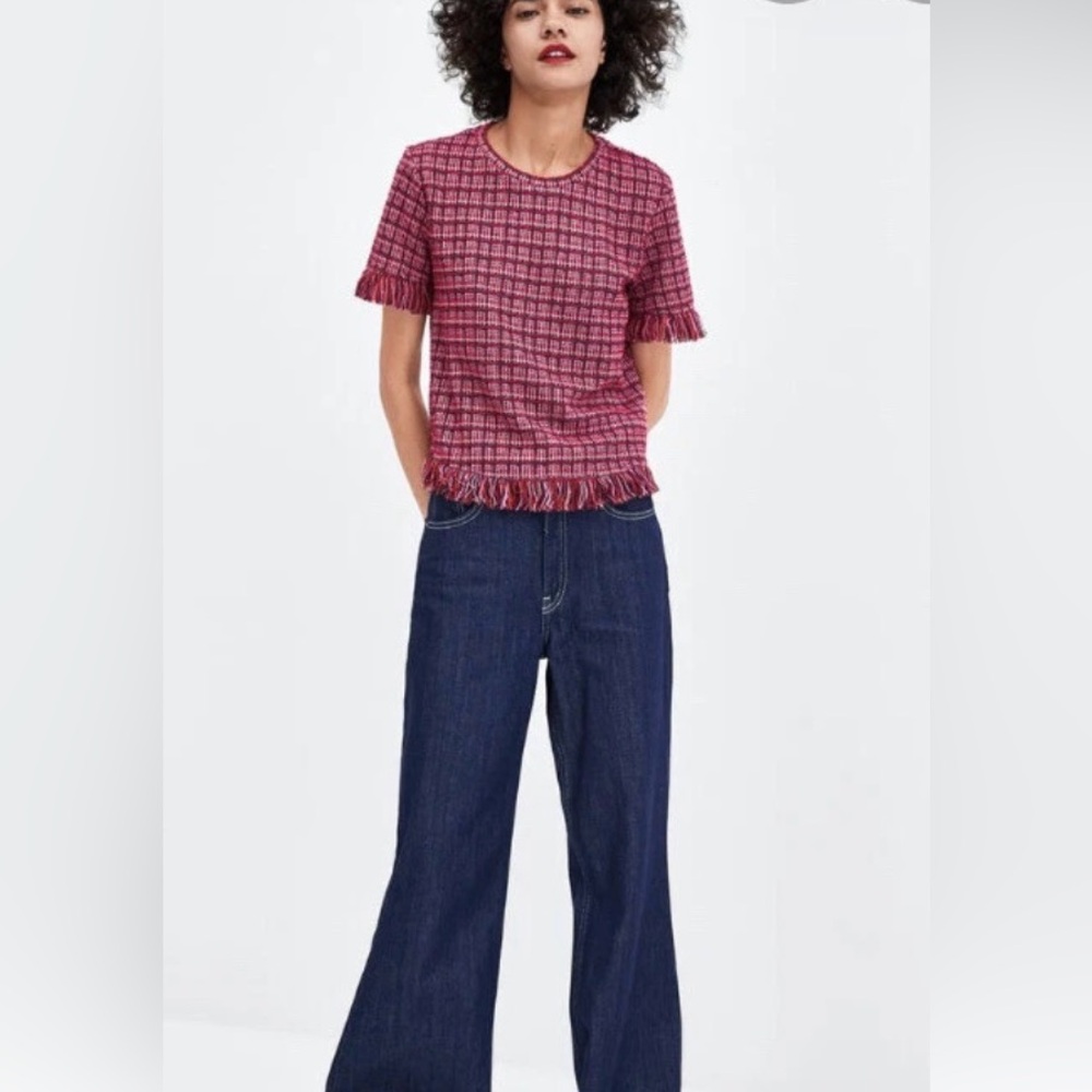 Zara Red and Blue Fringed Tweed Short Sleeve Top Size Small Women’s - Picture 3 of 11